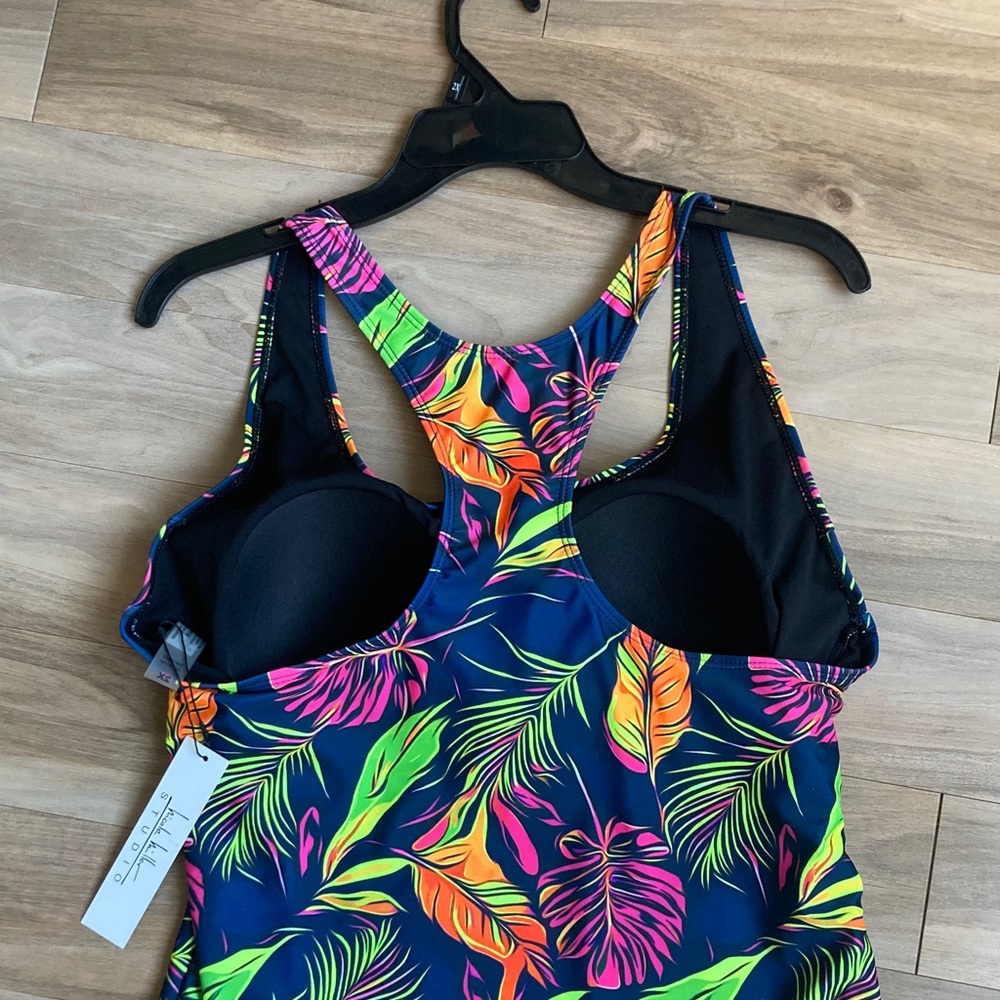 Nicole Miller one piece racerback swimsuit tropical floral and palm print 2X - Picture 8 of 15